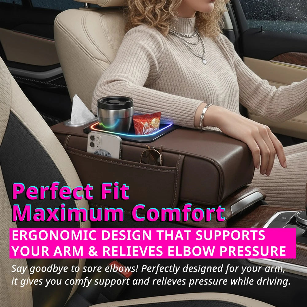 Multifunctional Car Armrest Cushion Center Console Pillow Seat Cover with Storage Organizers Cup Holder Tissue Box Phone Slot