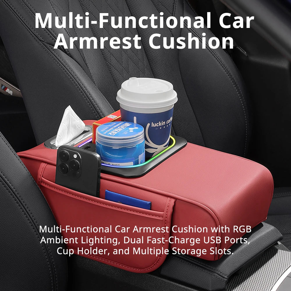 Multifunctional Car Armrest Cushion Center Console Pillow Seat Cover with Storage Organizers Cup Holder Tissue Box Phone Slot