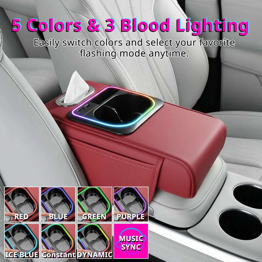 Multifunctional Car Armrest Cushion Center Console Pillow Seat Cover with Storage Organizers Cup Holder Tissue Box Phone Slot