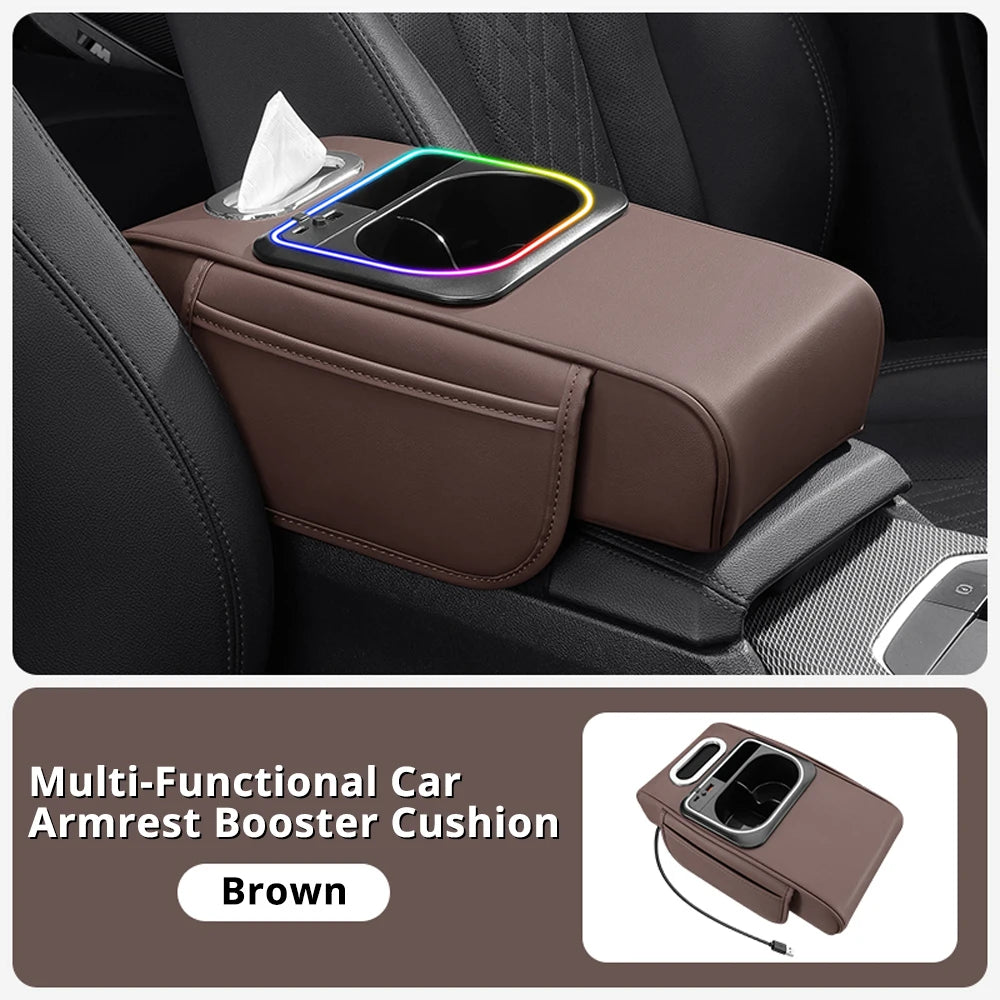 Multifunctional Car Armrest Cushion Center Console Pillow Seat Cover with Storage Organizers Cup Holder Tissue Box Phone Slot