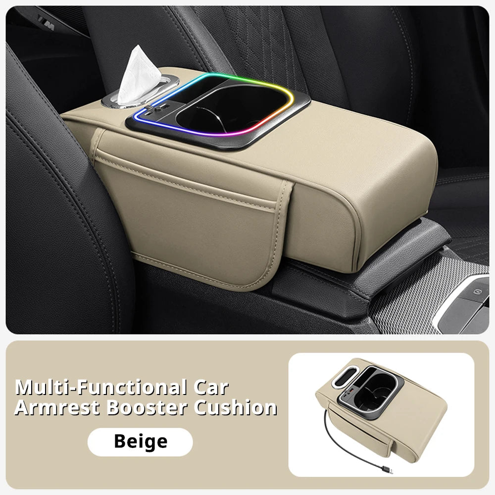 Multifunctional Car Armrest Cushion Center Console Pillow Seat Cover with Storage Organizers Cup Holder Tissue Box Phone Slot