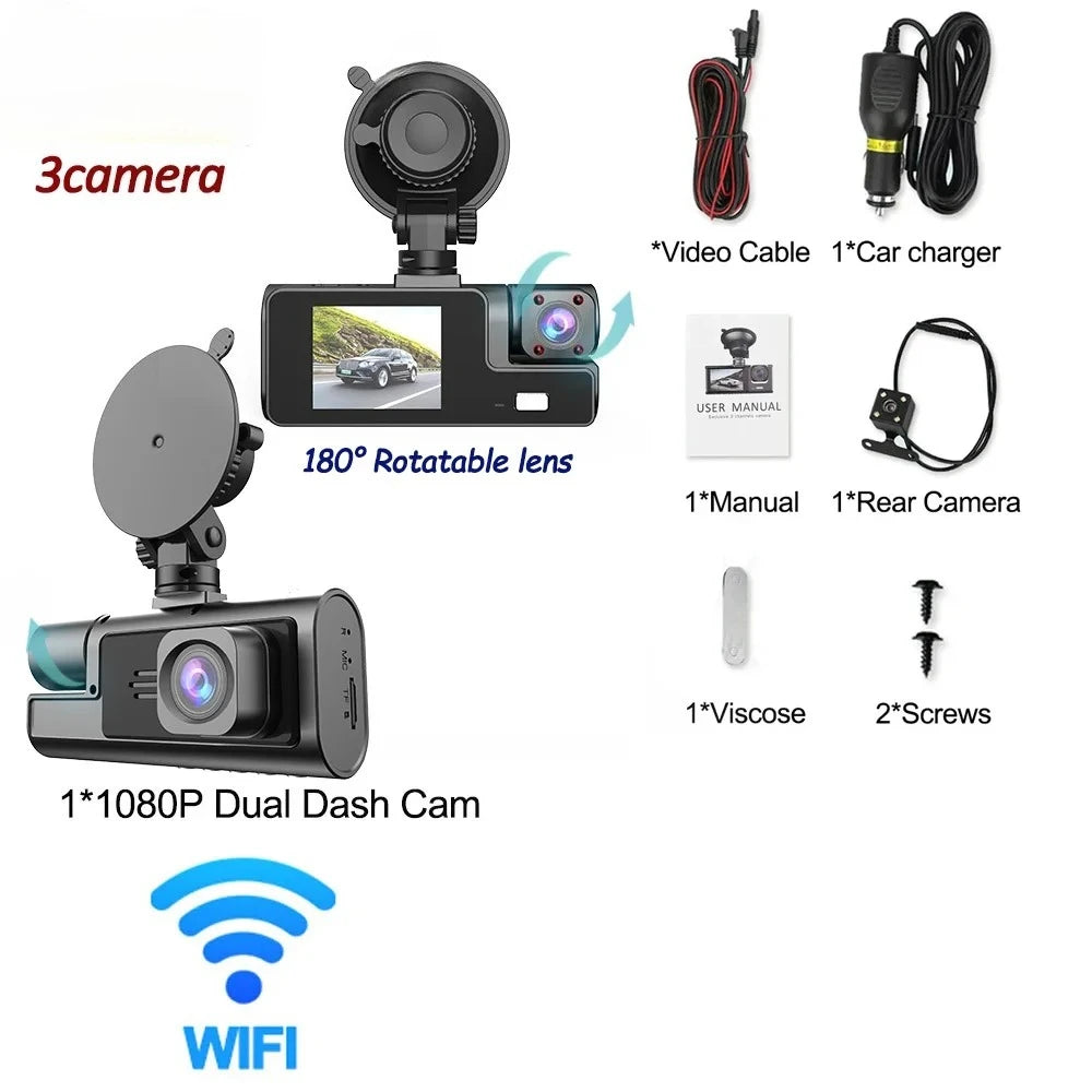 3Camera Dash Cam For Car Camera 1080P Video Recorder WIFI Car DVR 2lens Front Rear View Camera Night Vision Car Accessories