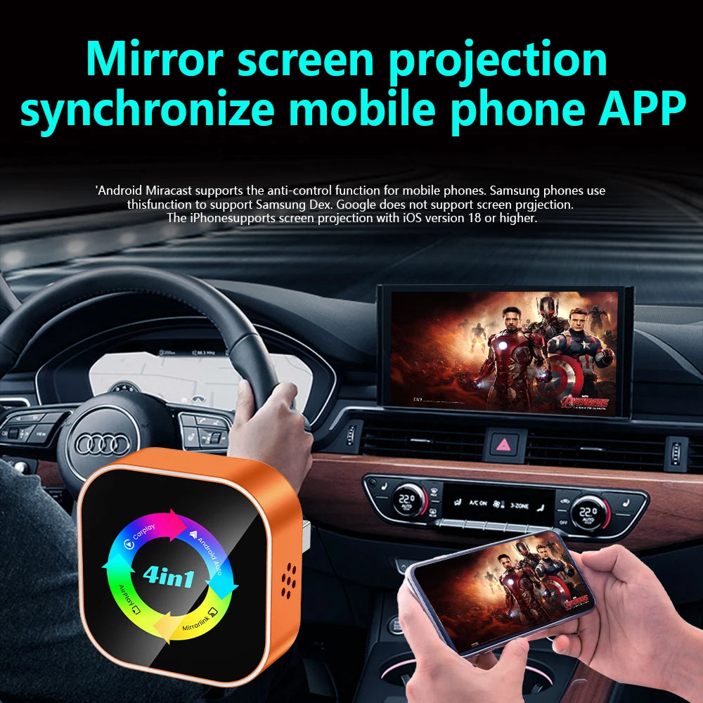 4-in-1 Wireless Carplay Adapter Android Auto Connect Airplay Mirror Link Screen Plug and Play Bluetooth for Apple and Android