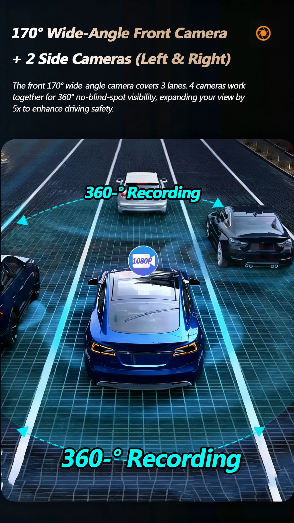 Dash Cam Vehicle DVR video recorder 4 cameras for cars black box front rear internal Night Vision Loop Recording dashcam car 360