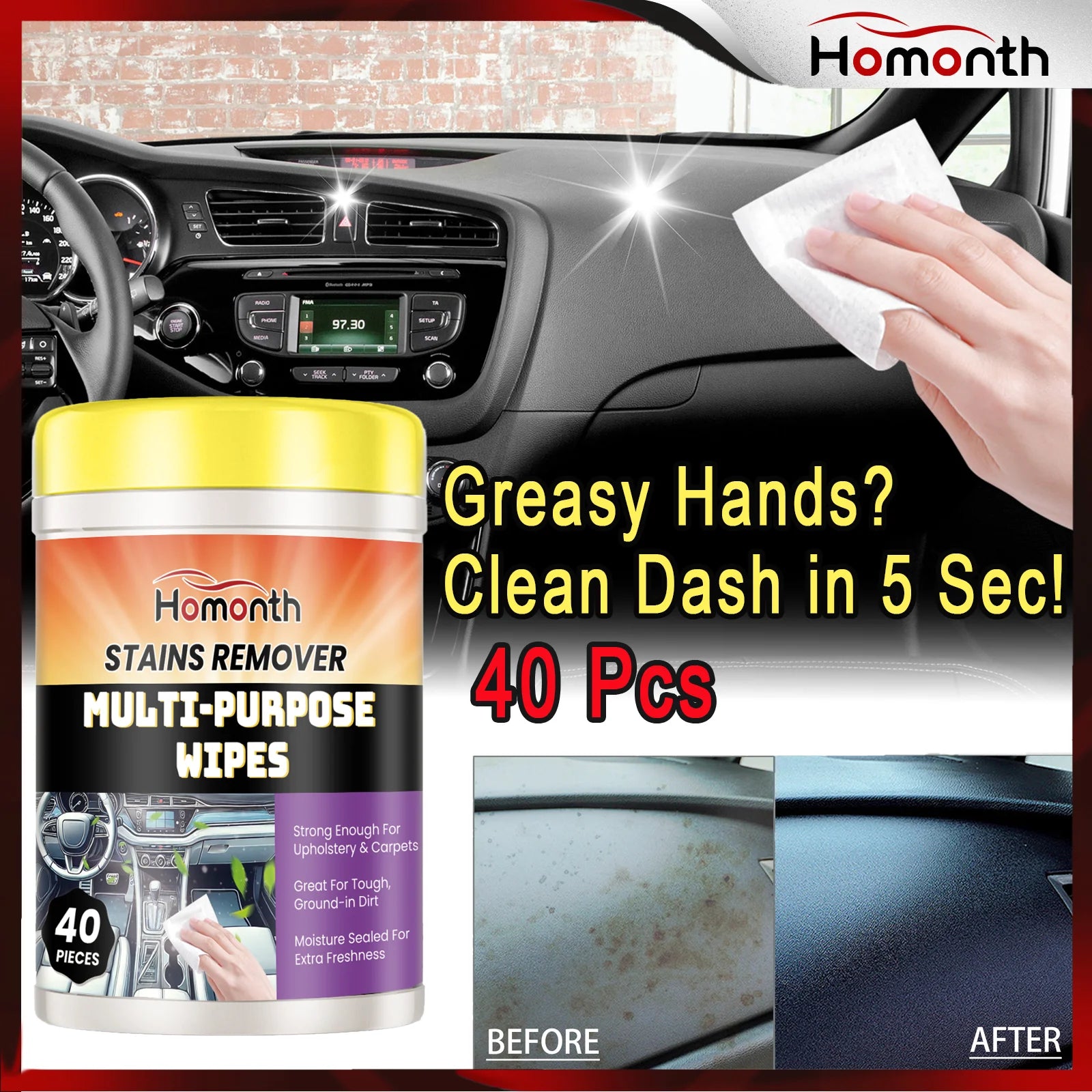 40PCS Car Interior Cleaning Wipes Multipurpose Wipes for Dashboard Leather Seats Screen Quick Cleaner Degreaser for Stains Dust