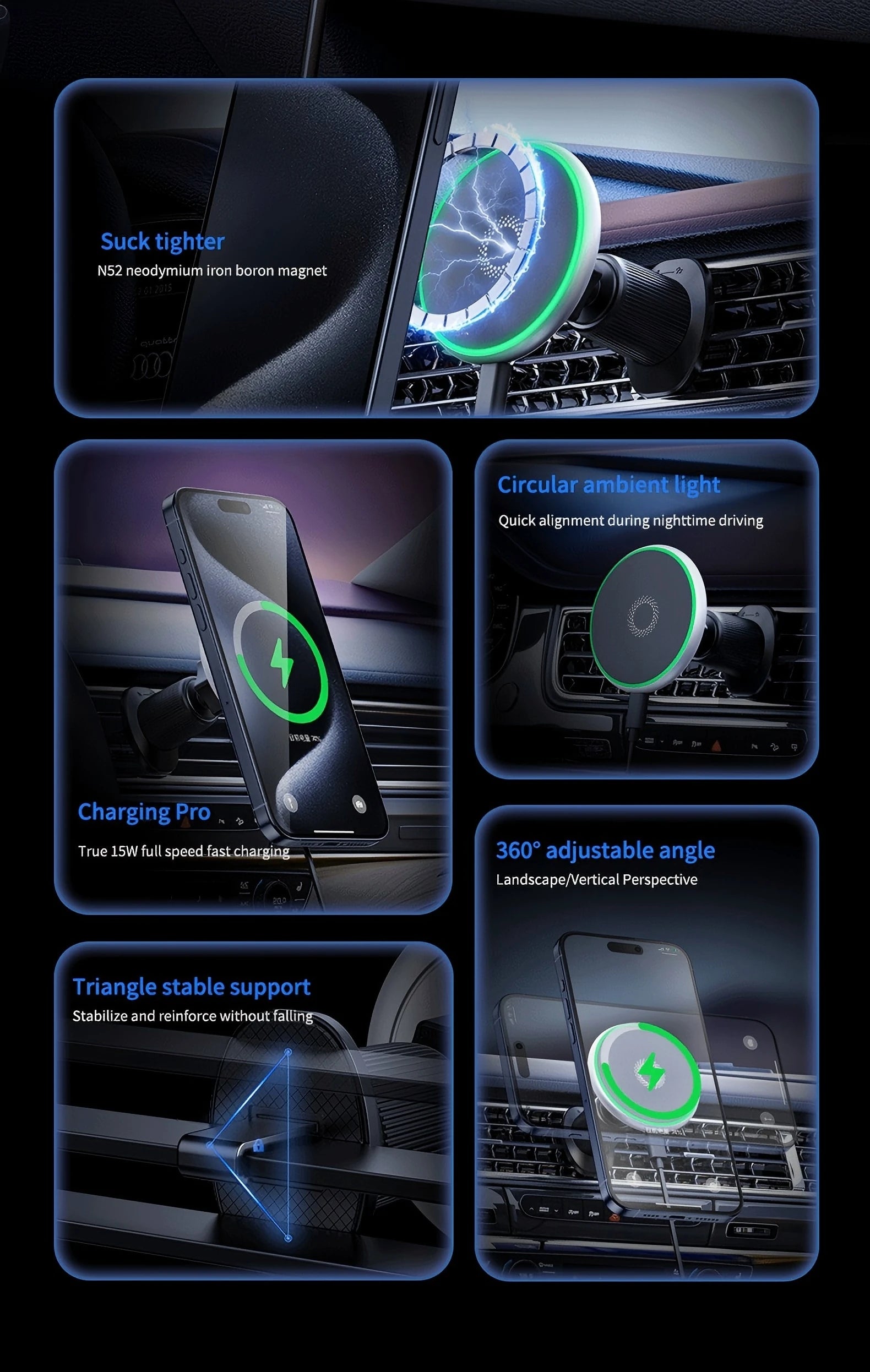 15W Magnetic Car Phone Holder Mount Charger Fast Wireless Car Charger for Air Vent Mount Anti-Shake Strong Magnet Car Support