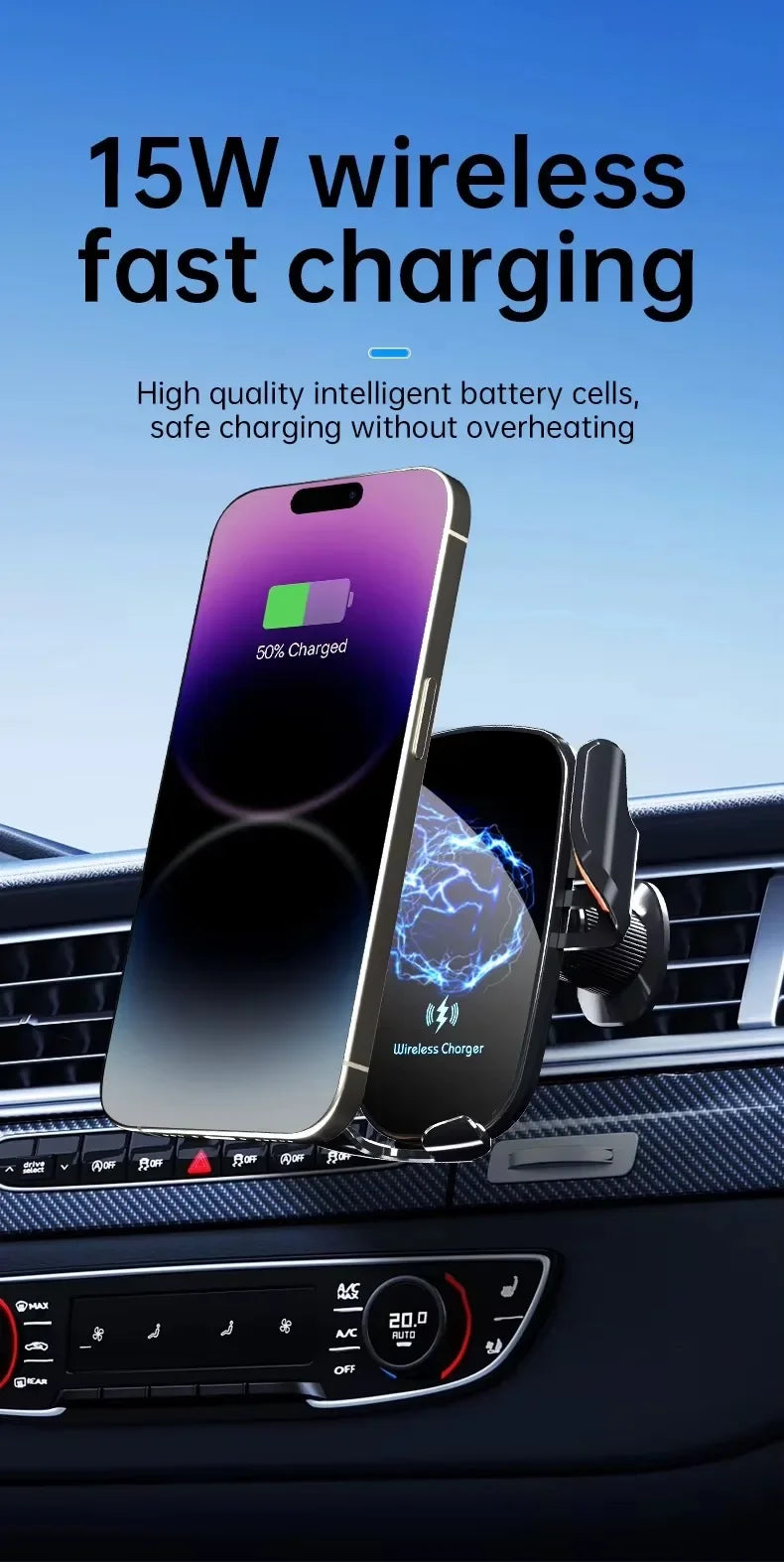 UYUXIO Manual Clamp Wireless Car Charger 15 Fast Charging Air Vent Car Mount Phone Holder for iPhone Samsung Android Phone