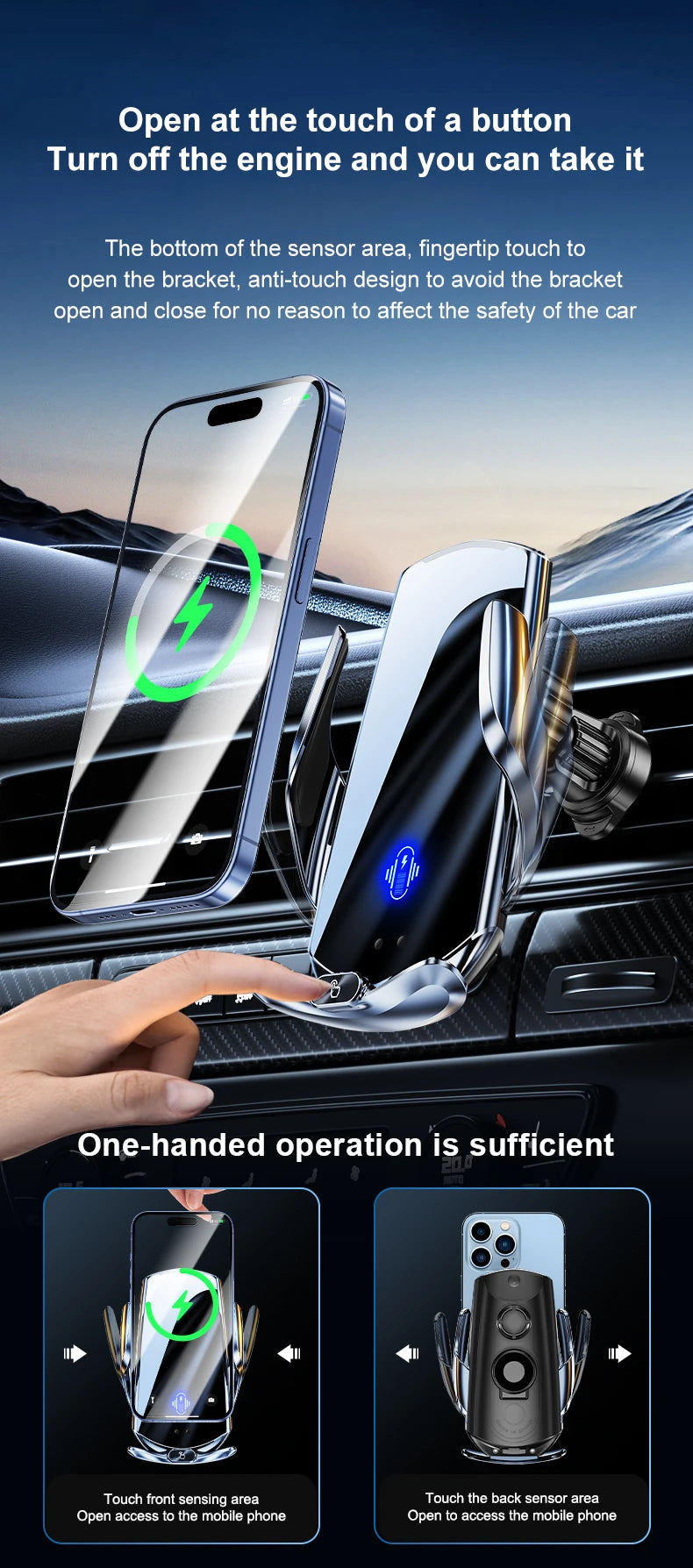Car Mount Wireless Charging Stand Vehicle Phone Mounts Car Phone Holder Automatic Quick Release Button For Samsung Huawei Iphone