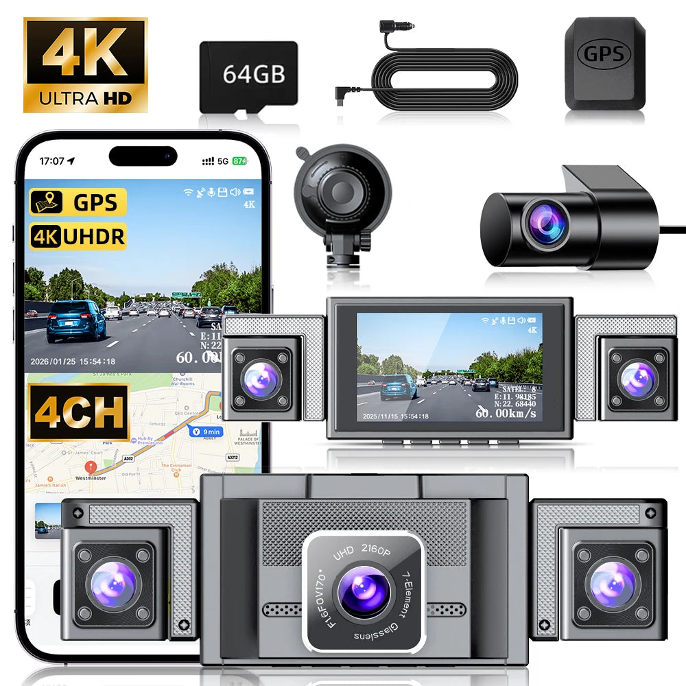 4K 360° Panoramic Dash Cam, 4-Channel Front/Rear/Left/Right Camera with 5.8GHz WiFi GPS, 3" IPS Screen, 64GB Card Included