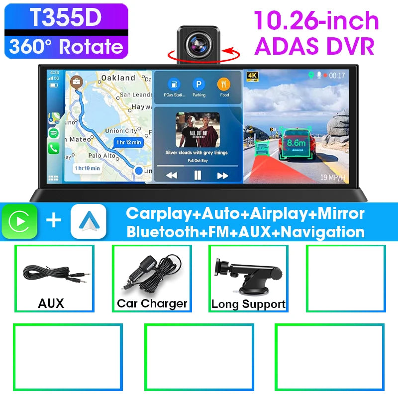 10.26" ADAS 4K Dash Cam Wireless CarPlay & Android Auto Screen for Car,360° Rotating Lens Car DVR,Navigation Dashboard Recorder