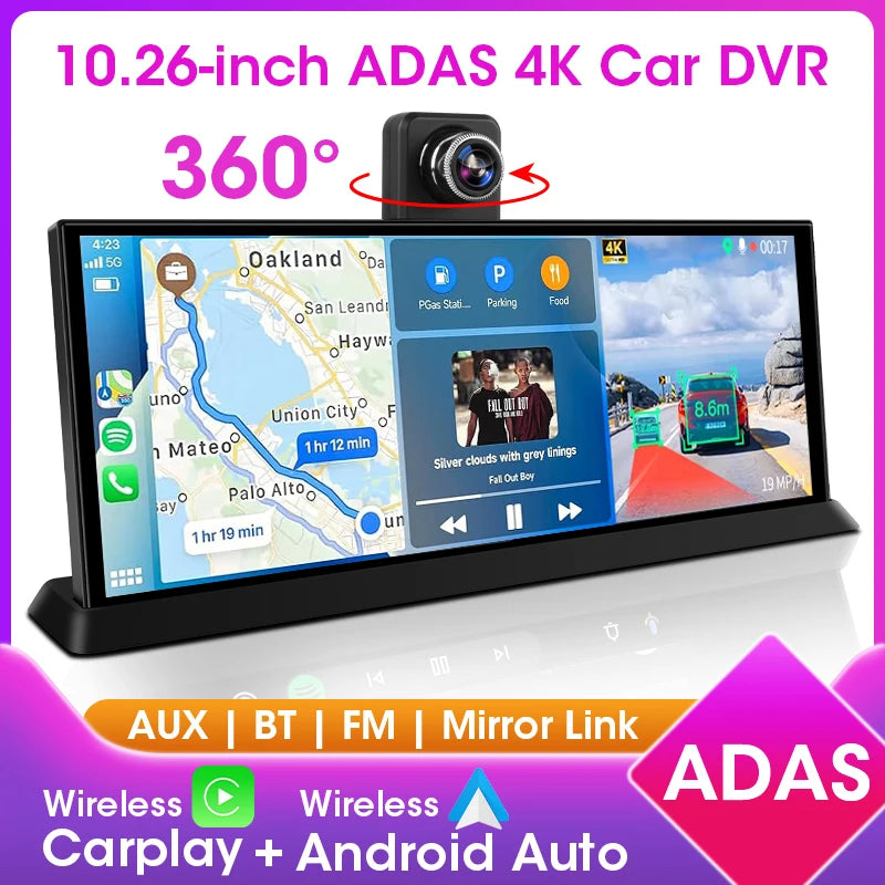 10.26" ADAS 4K Dash Cam Wireless CarPlay & Android Auto Screen for Car,360° Rotating Lens Car DVR,Navigation Dashboard Recorder