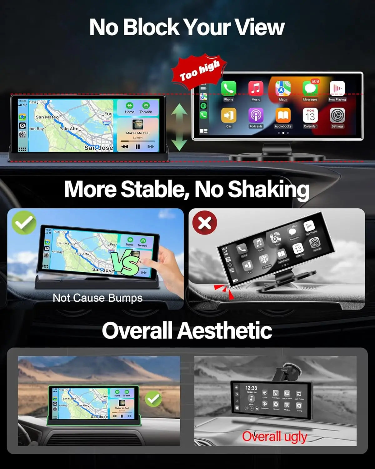 10.26" ADAS 4K Dash Cam Wireless CarPlay & Android Auto Screen for Car,360° Rotating Lens Car DVR,Navigation Dashboard Recorder