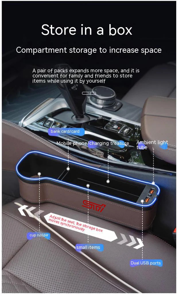 For Subaru STI Outback Brz Wrx Xv Ascent Forester Impreza Legacy Car Sewn Seat Gap Crevice Slot Storage Box light USB Charging