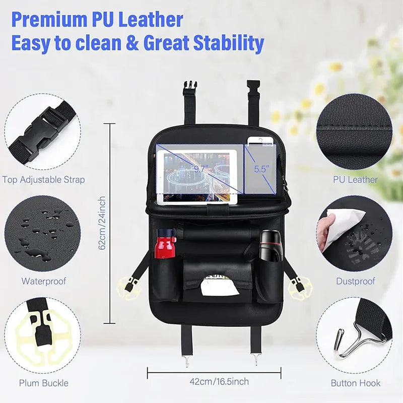 Car Seat Back Organizer with Foldable Table Tray PU Leather Storage Organizer Pockets Kick Mats Seat Interior Accessories