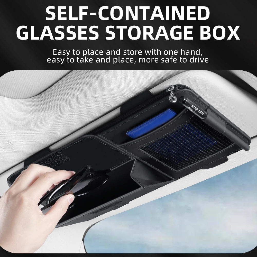 Car Sun Visor Organizer with Glasses Holder, Card & Pen Pockets – PU Leather Auto Interior Storage for Cars, SUVs & Trucks