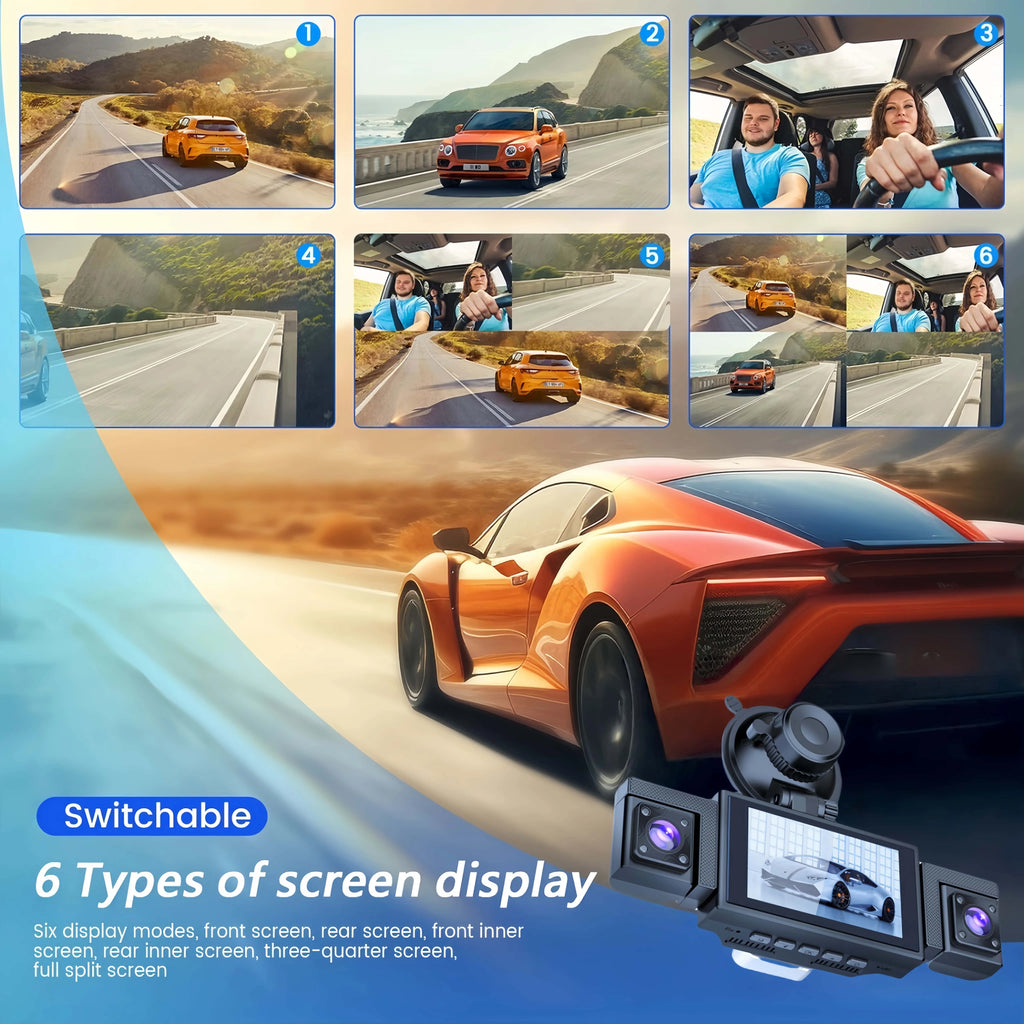 4K 360° Panoramic Dash Cam, 4-Channel Front/Rear/Left/Right Camera with 5.8GHz WiFi GPS, 3" IPS Screen, 64GB Card Included