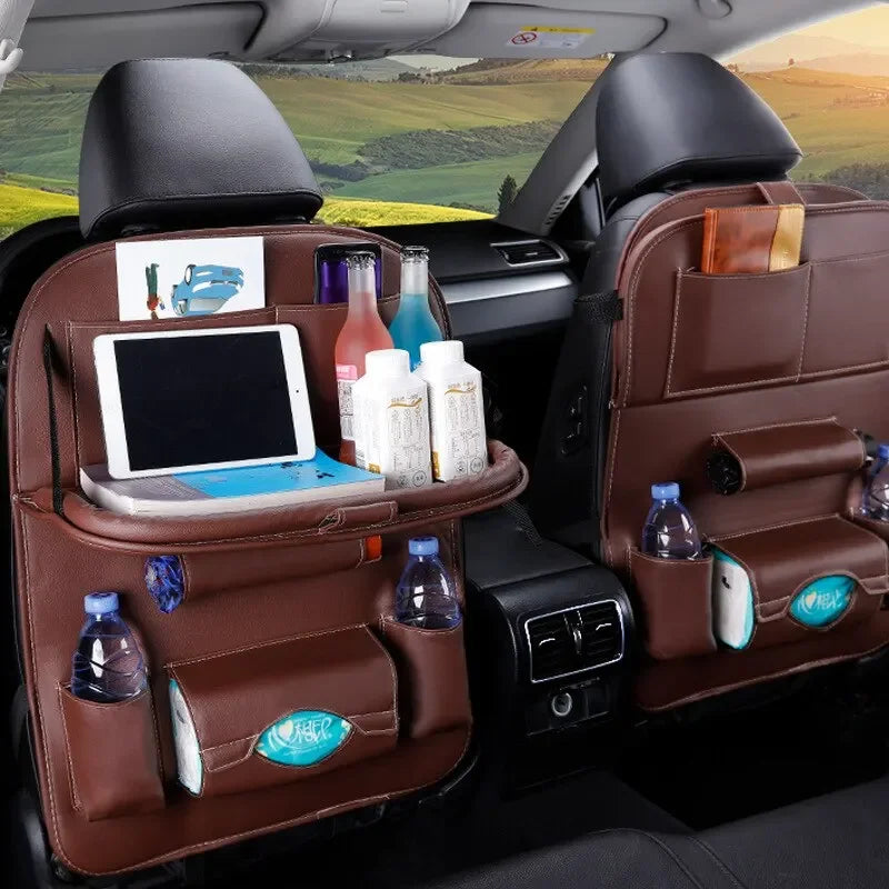 Car Seat Back Organizer with Foldable Table Tray PU Leather Storage Organizer Pockets Kick Mats Seat Interior Accessories