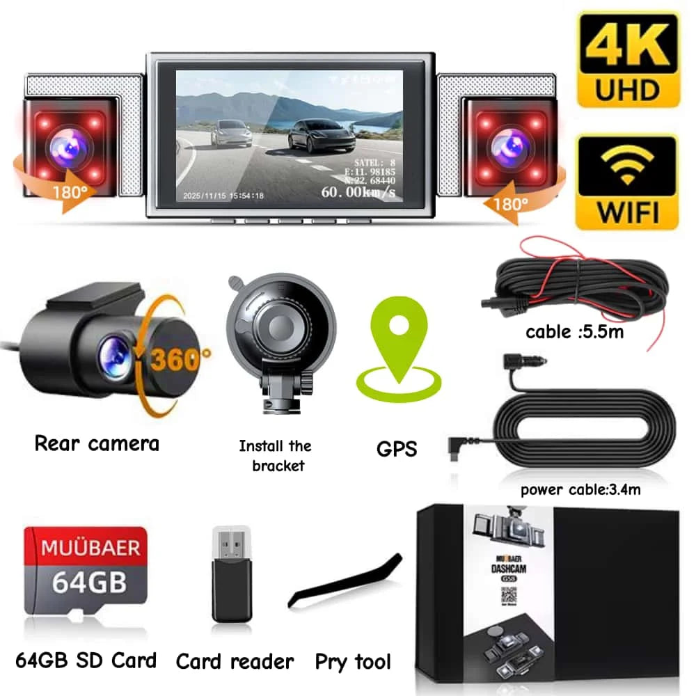 4K 360° Panoramic Dash Cam, 4-Channel Front/Rear/Left/Right Camera with 5.8GHz WiFi GPS, 3" IPS Screen, 64GB Card Included