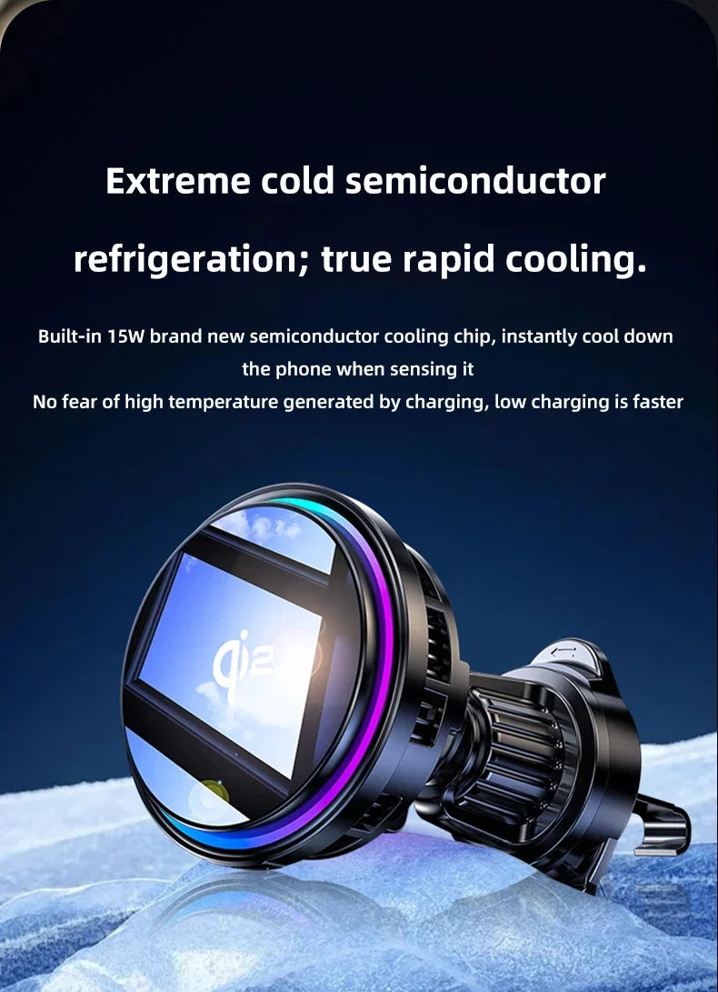 Magnetic Wireless Car Charger Phone Holder Ice Cooling RGB Tempered Glass Fast Charging Radiator For Magsafe iPhone Samsung