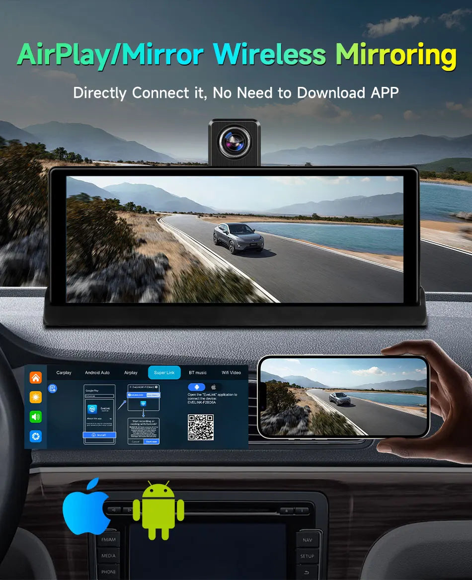 10.26" ADAS 4K Dash Cam Wireless CarPlay & Android Auto Screen for Car,360° Rotating Lens Car DVR,Navigation Dashboard Recorder