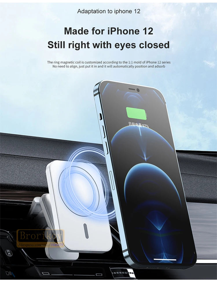 15W Fast Magnetic Wireless Charger Car Air Vent Phone Holder Mount Compatible Magnet Safe Case for iPhone 12 13 14 Pro Mini Max
