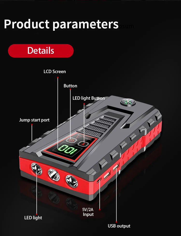 2025 New 99800mAh 5000A Car Jump Starter | 12V for Petrol/Diesel | Power Bank /Smart Protection