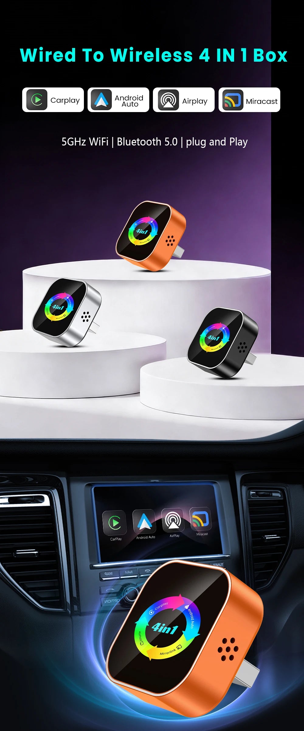 4-in-1 Wireless Carplay Adapter Android Auto Connect Airplay Mirror Link Screen Plug and Play Bluetooth for Apple and Android