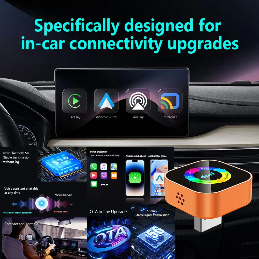 4-in-1 Wireless Carplay Adapter Android Auto Connect Airplay Mirror Link Screen Plug and Play Bluetooth for Apple and Android