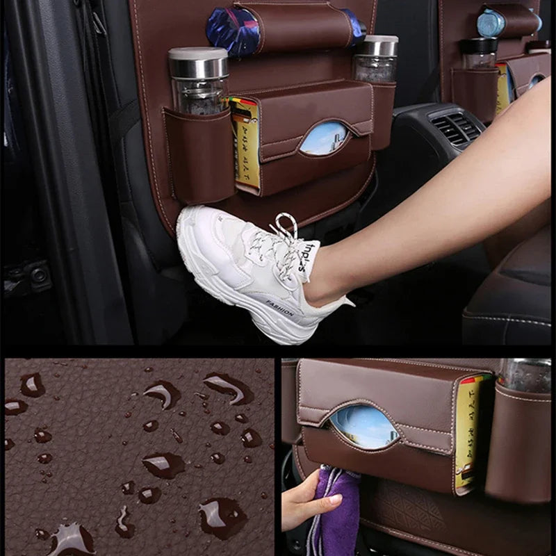 Car Seat Back Organizer with Foldable Table Tray PU Leather Storage Organizer Pockets Kick Mats Seat Interior Accessories