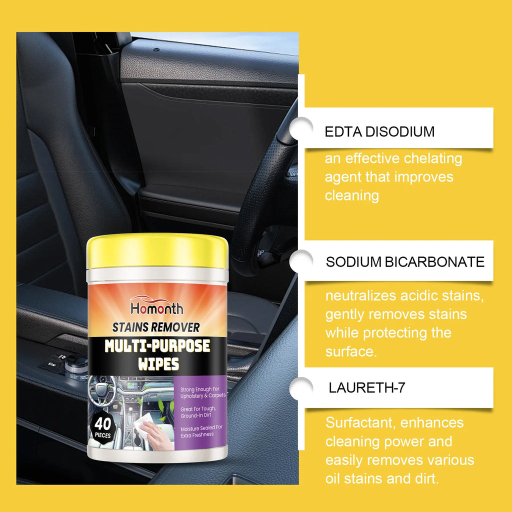 40PCS Car Interior Cleaning Wipes Multipurpose Wipes for Dashboard Leather Seats Screen Quick Cleaner Degreaser for Stains Dust