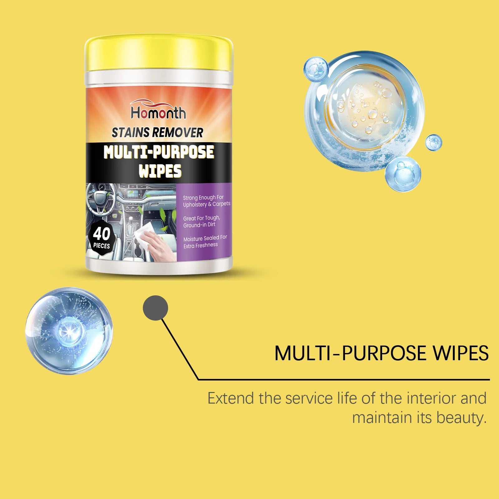 40PCS Car Interior Cleaning Wipes Multipurpose Wipes for Dashboard Leather Seats Screen Quick Cleaner Degreaser for Stains Dust