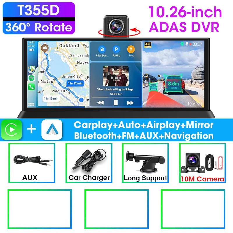10.26" ADAS 4K Dash Cam Wireless CarPlay & Android Auto Screen for Car,360° Rotating Lens Car DVR,Navigation Dashboard Recorder