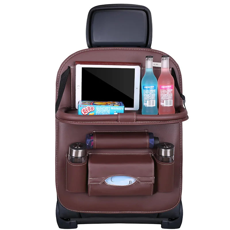 Car Seat Back Organizer with Foldable Table Tray PU Leather Storage Organizer Pockets Kick Mats Seat Interior Accessories