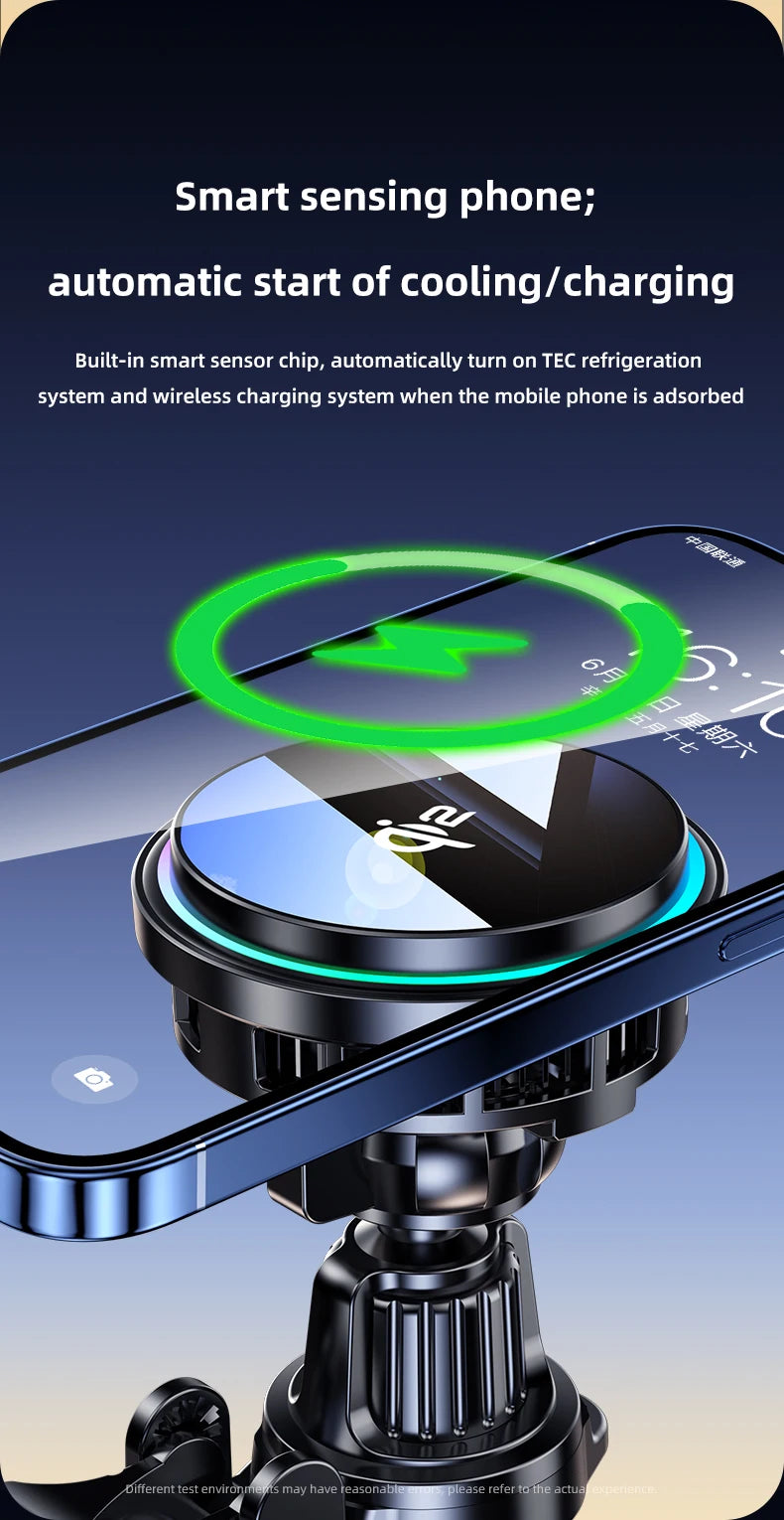 Magnetic Wireless Car Charger Phone Holder Ice Cooling RGB Tempered Glass Fast Charging Radiator For Magsafe iPhone Samsung