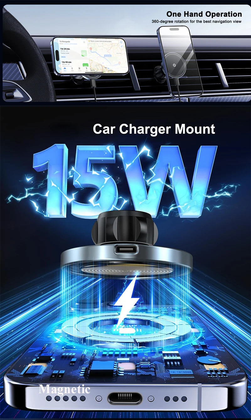 UYUXIO Magnet Wireless Car Charger 15W Fast Charging Magnetic Car Mount Phone Holder Air Vent for iPhone 16 15 14 13 Pro Max 12