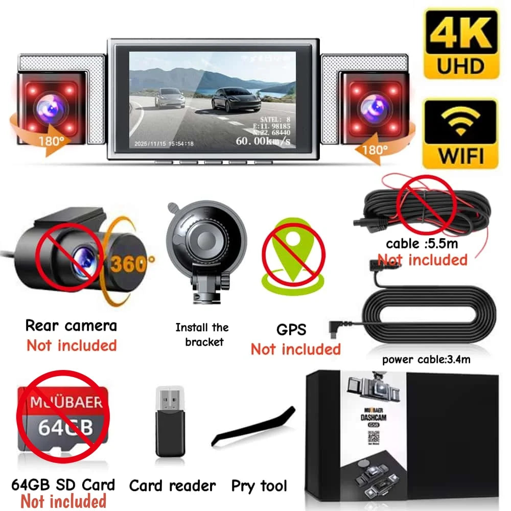 4K 360° Panoramic Dash Cam, 4-Channel Front/Rear/Left/Right Camera with 5.8GHz WiFi GPS, 3" IPS Screen, 64GB Card Included