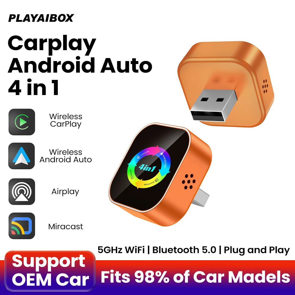 4-in-1 Wireless Carplay Adapter Android Auto Connect Airplay Mirror Link Screen Plug and Play Bluetooth for Apple and Android