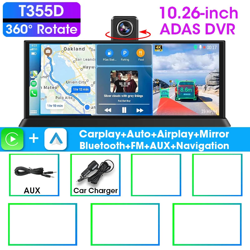 10.26" ADAS 4K Dash Cam Wireless CarPlay & Android Auto Screen for Car,360° Rotating Lens Car DVR,Navigation Dashboard Recorder