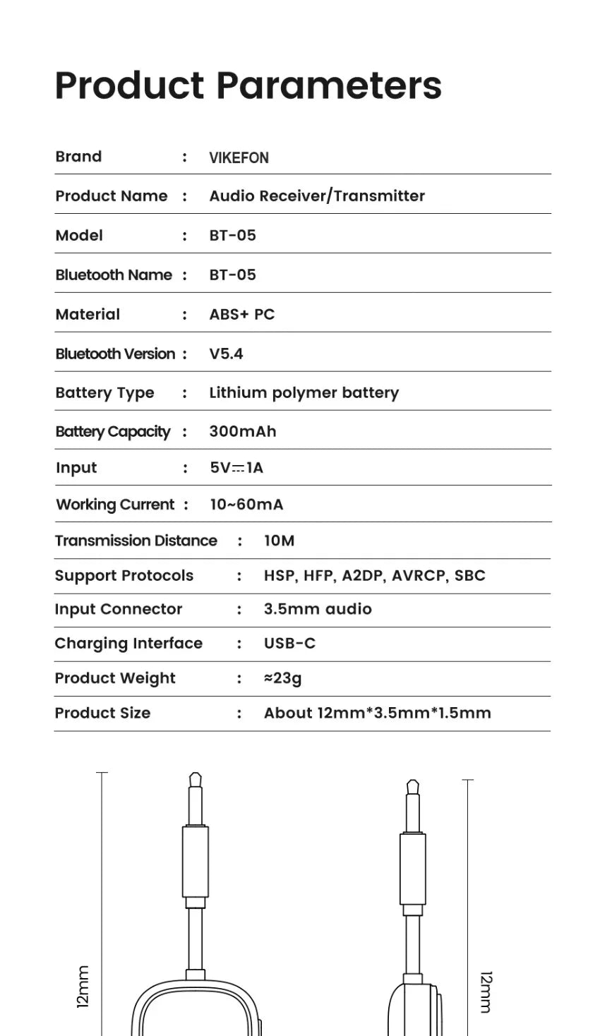 VIKEFON 2 In 1 Bluetooth 5.4 Audio Reciever Transmitter RT/TX Adapter for TV Earphones Cars Flights 3.5mm AUX Bluetooth Dongle