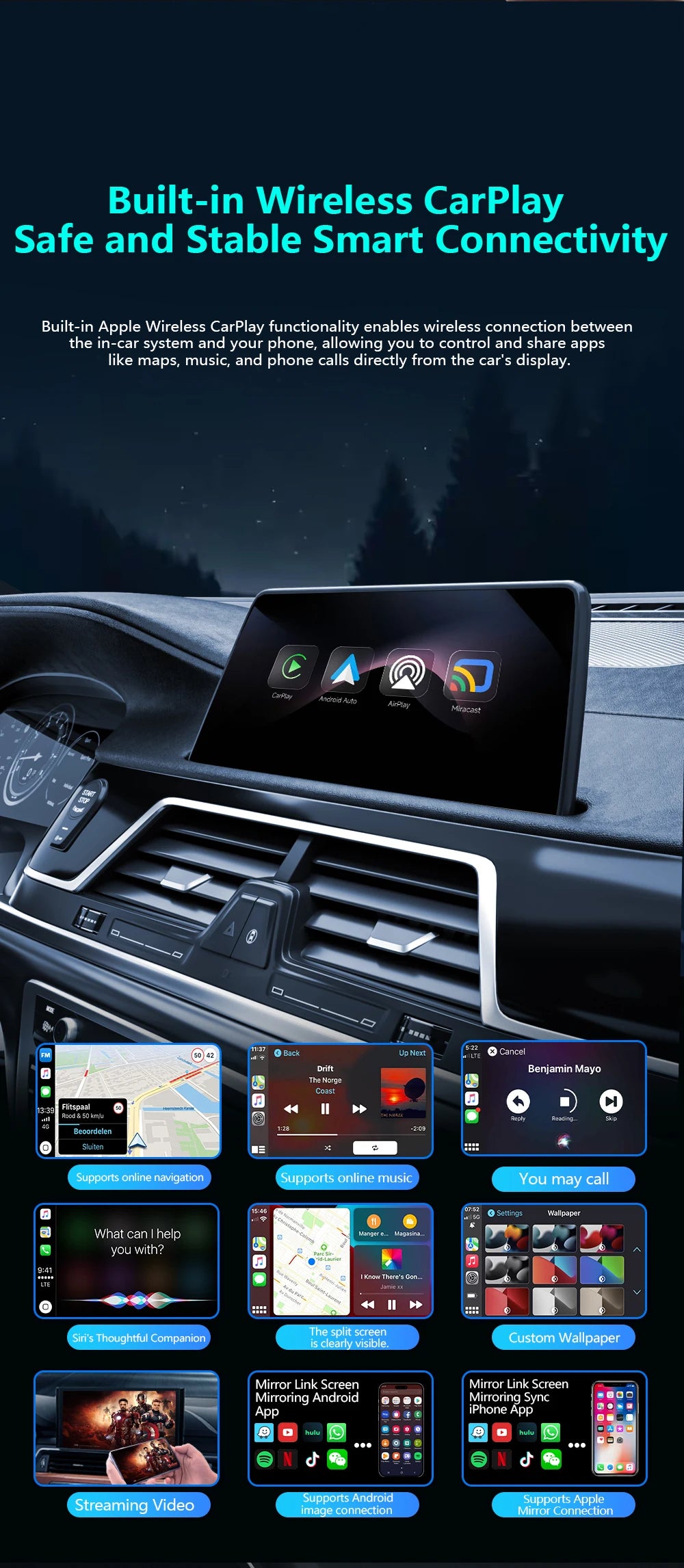 4-in-1 Wireless Carplay Adapter Android Auto Connect Airplay Mirror Link Screen Plug and Play Bluetooth for Apple and Android