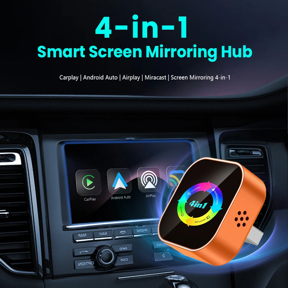 4-in-1 Wireless Carplay Adapter Android Auto Connect Airplay Mirror Link Screen Plug and Play Bluetooth for Apple and Android