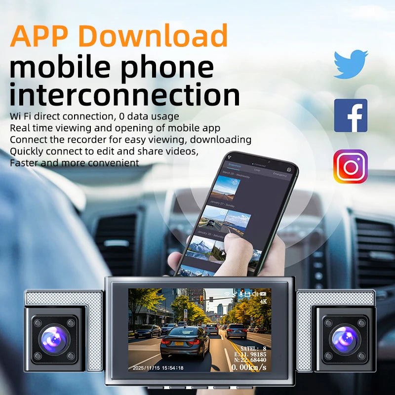 4K 360° Panoramic Dash Cam, 4-Channel Front/Rear/Left/Right Camera with 5.8GHz WiFi GPS, 3" IPS Screen, 64GB Card Included