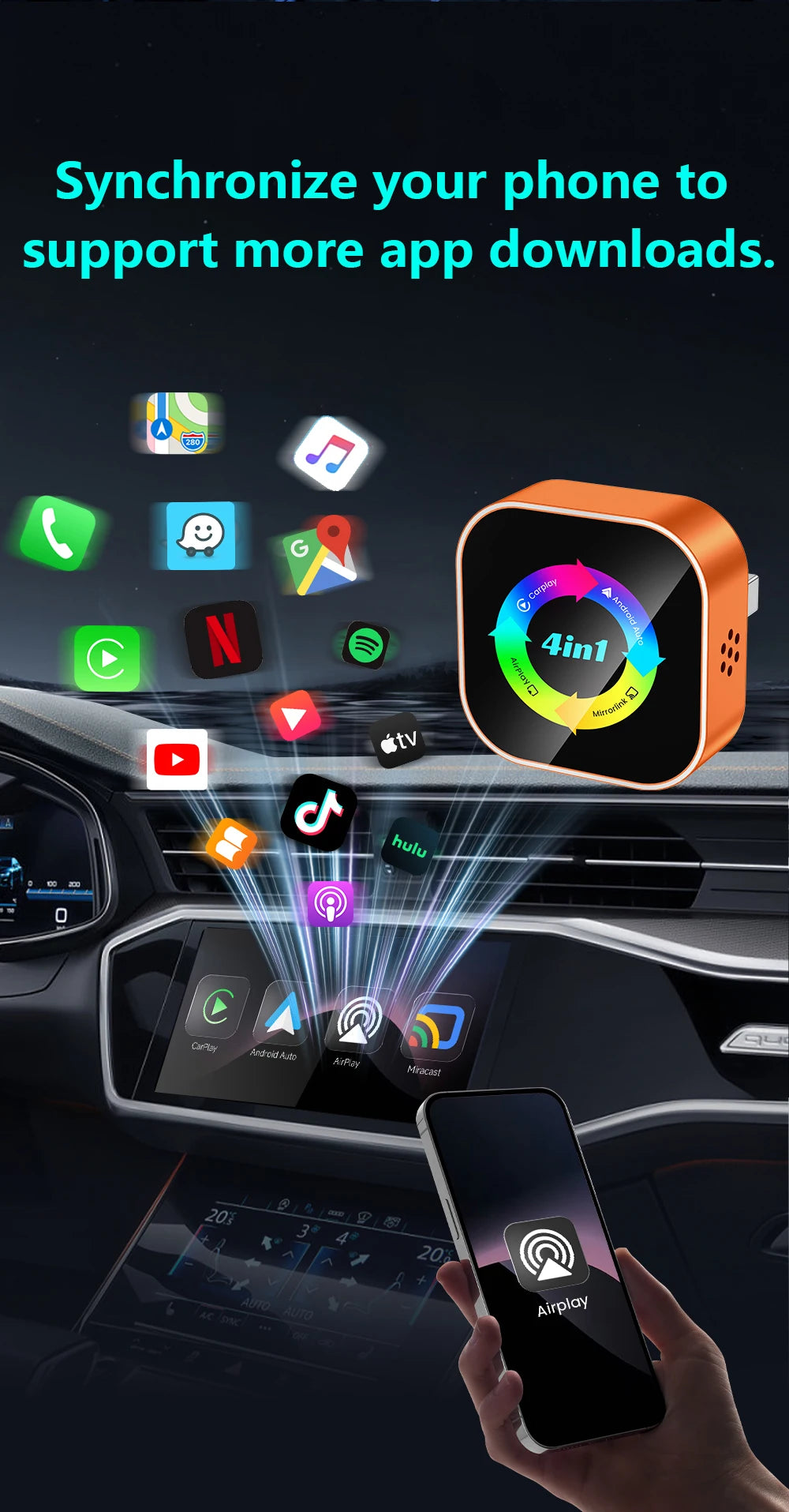 4-in-1 Wireless Carplay Adapter Android Auto Connect Airplay Mirror Link Screen Plug and Play Bluetooth for Apple and Android