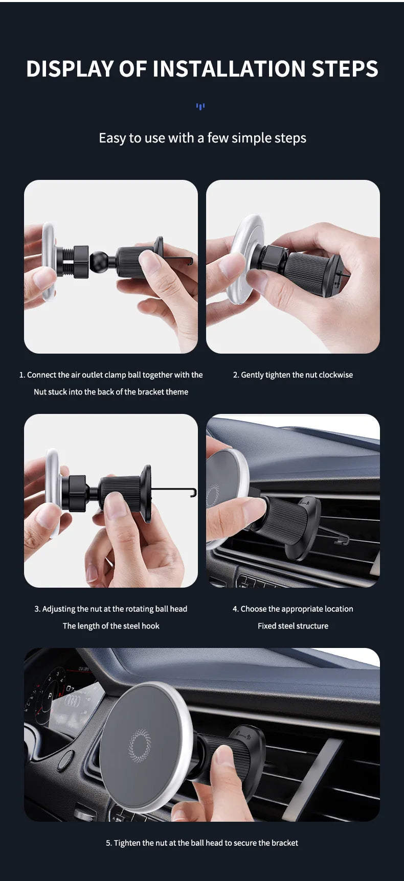 15W Magnetic Car Phone Holder Mount Charger Fast Wireless Car Charger for Air Vent Mount Anti-Shake Strong Magnet Car Support