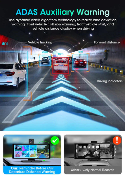 10.26" ADAS 4K Dash Cam Wireless CarPlay & Android Auto Screen for Car,360° Rotating Lens Car DVR,Navigation Dashboard Recorder