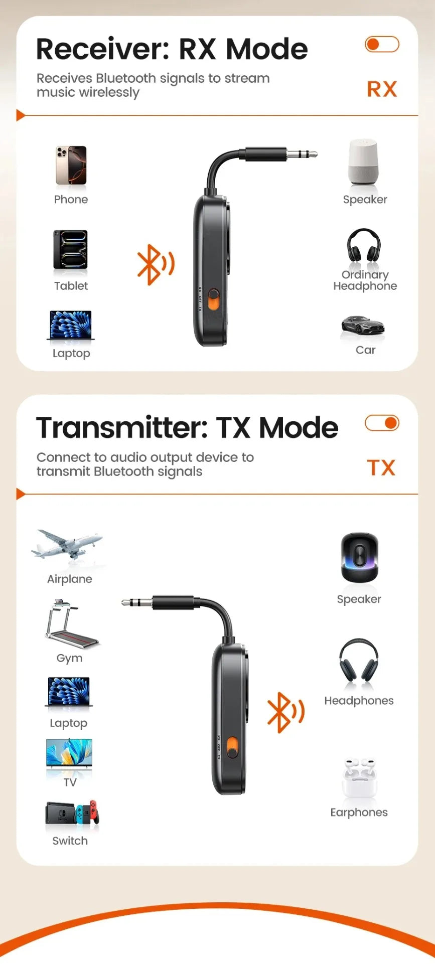 VIKEFON 2 In 1 Bluetooth 5.4 Audio Reciever Transmitter RT/TX Adapter for TV Earphones Cars Flights 3.5mm AUX Bluetooth Dongle