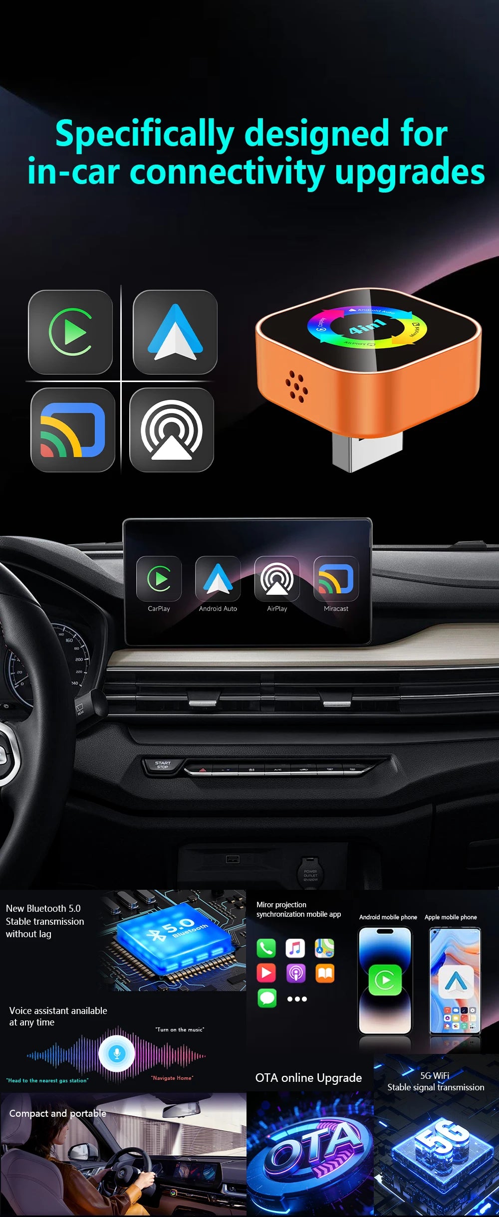 4-in-1 Wireless Carplay Adapter Android Auto Connect Airplay Mirror Link Screen Plug and Play Bluetooth for Apple and Android