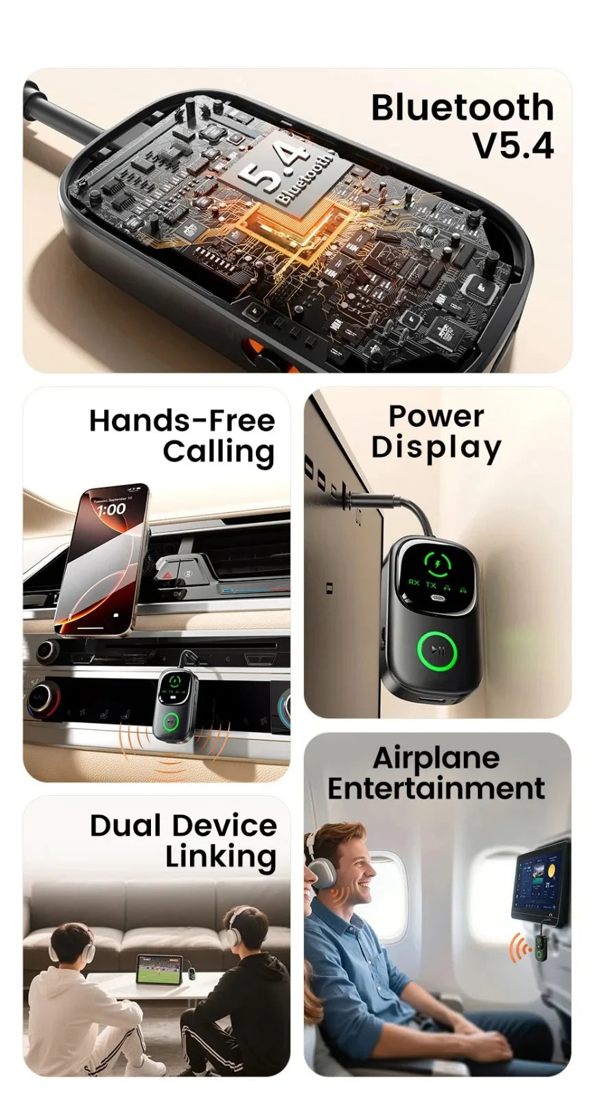 VIKEFON 2 In 1 Bluetooth 5.4 Audio Reciever Transmitter RT/TX Adapter for TV Earphones Cars Flights 3.5mm AUX Bluetooth Dongle