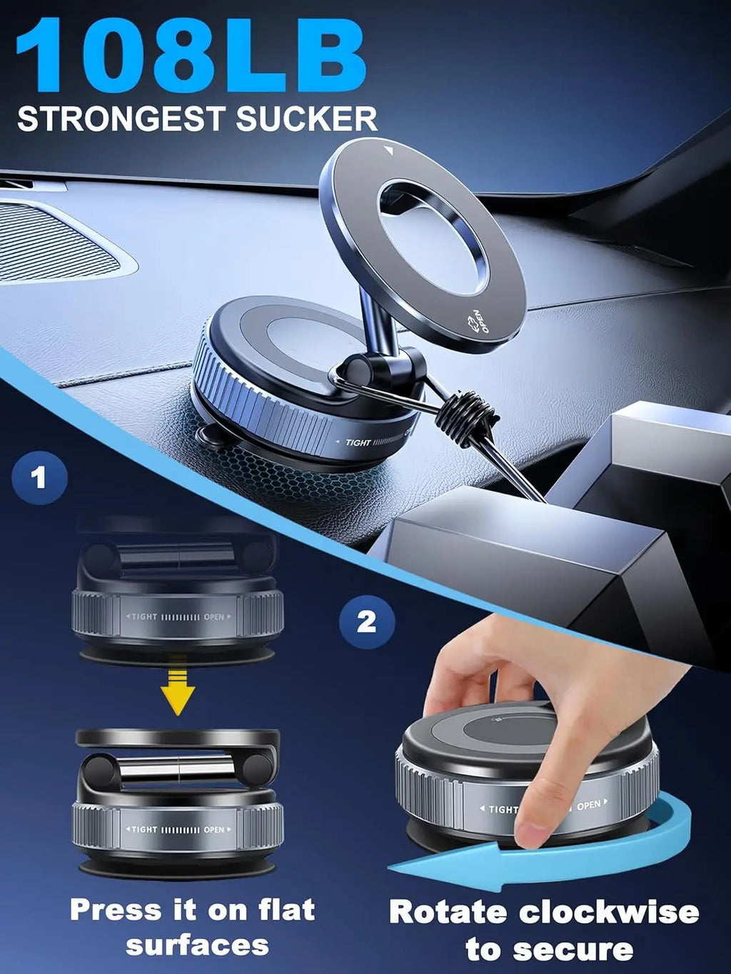 Strong Magnetic Car Phone Holder Foldable 360° Adjustable Vacuum Suction Mount Universal for Car, Desk, Bathroom