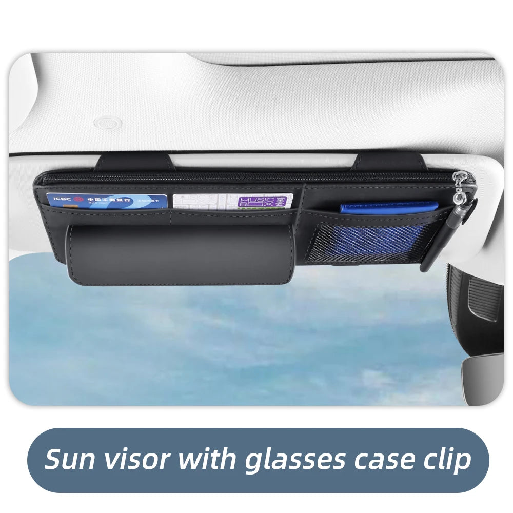 Car Sun Visor Organizer with Glasses Holder, Card & Pen Pockets – PU Leather Auto Interior Storage for Cars, SUVs & Trucks